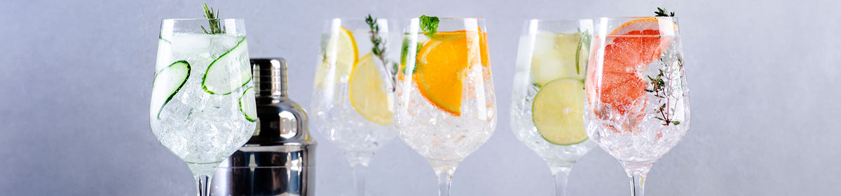 Verschiedene Gin Tonics mit Dry Gin in garnierten Longdrink-Gläsern