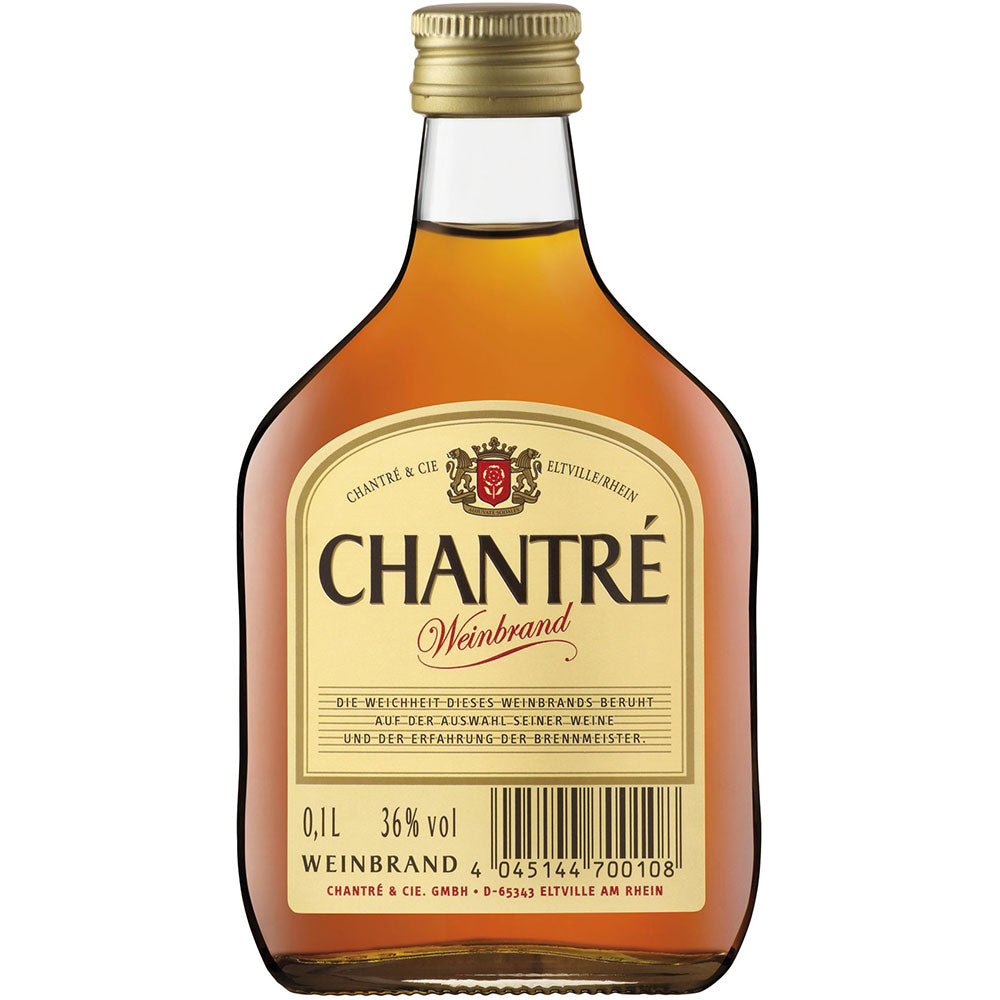 Eine 0,1L Flasche Chantré Weinbrand, 36% vol., ein milder deutscher Weinbrand mit goldenem Verschluss und Etikett.