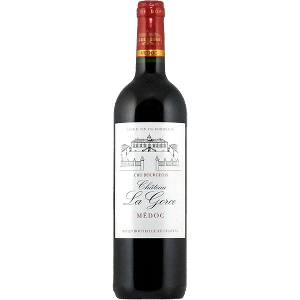Eine Flasche Château la Gorce Cru Bourgeois Medoc 2019 Rotwein von Château la Gorce, mit weißem Etikett und roter Folie am Hals.