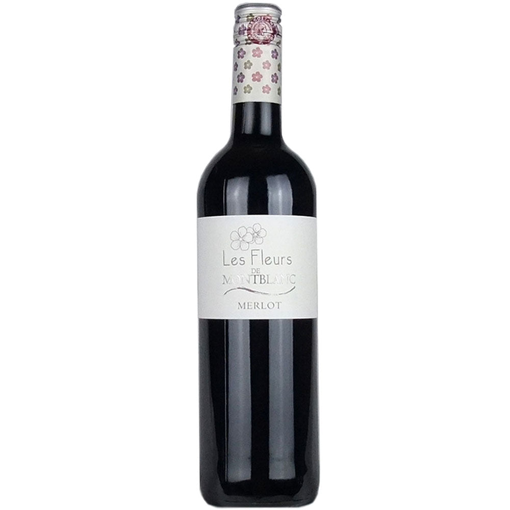 Eine Flasche Les Vignerons de Montblanc Fleurs de Montblanc Merlot 2023 mit weißem Etikett und blumengeschmücktem Hals.