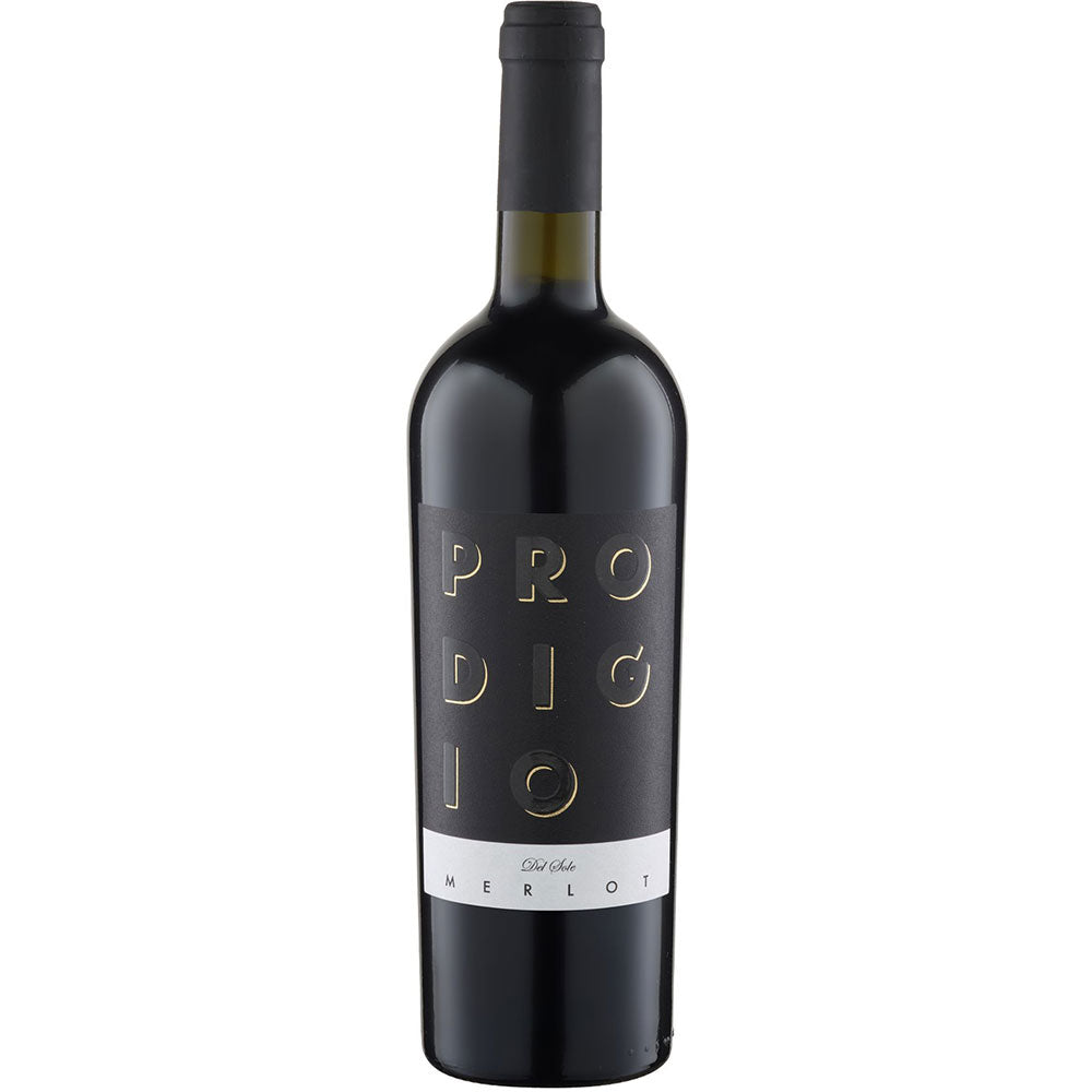 Eine Flasche Latentia Winery Merlot Prodigio del Sole 2021 mit einem schwarz-goldenen Etikett, das die Eleganz italienischer Rotweine und den einzigartigen Charakter dieses apulischen Merlot von Latentia Winery unterstreicht.