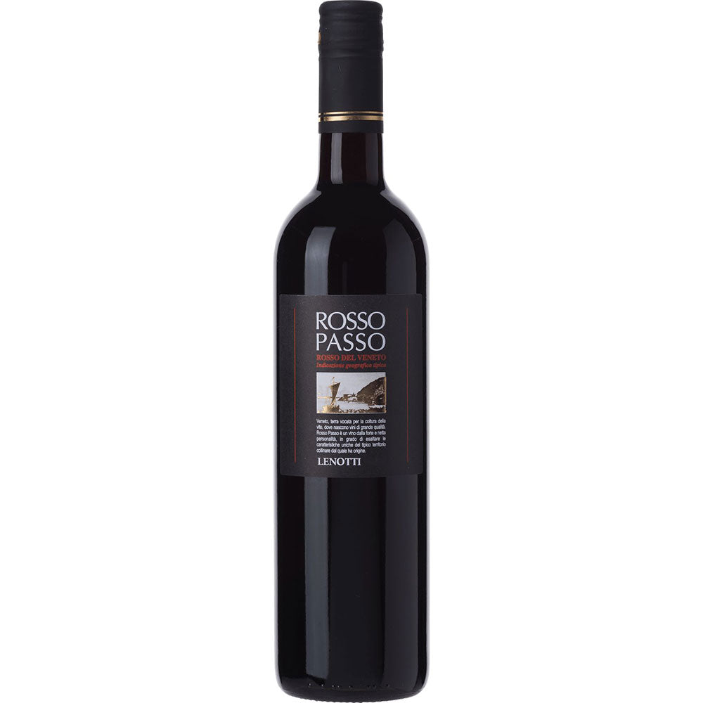 Eine Flasche Lenotti Rosso Passo Rosso Del Veneto 2023, ein italienischer Rotwein von Lenotti, mit einem dunklen Etikett und einem schwarzen Schraubverschluss.