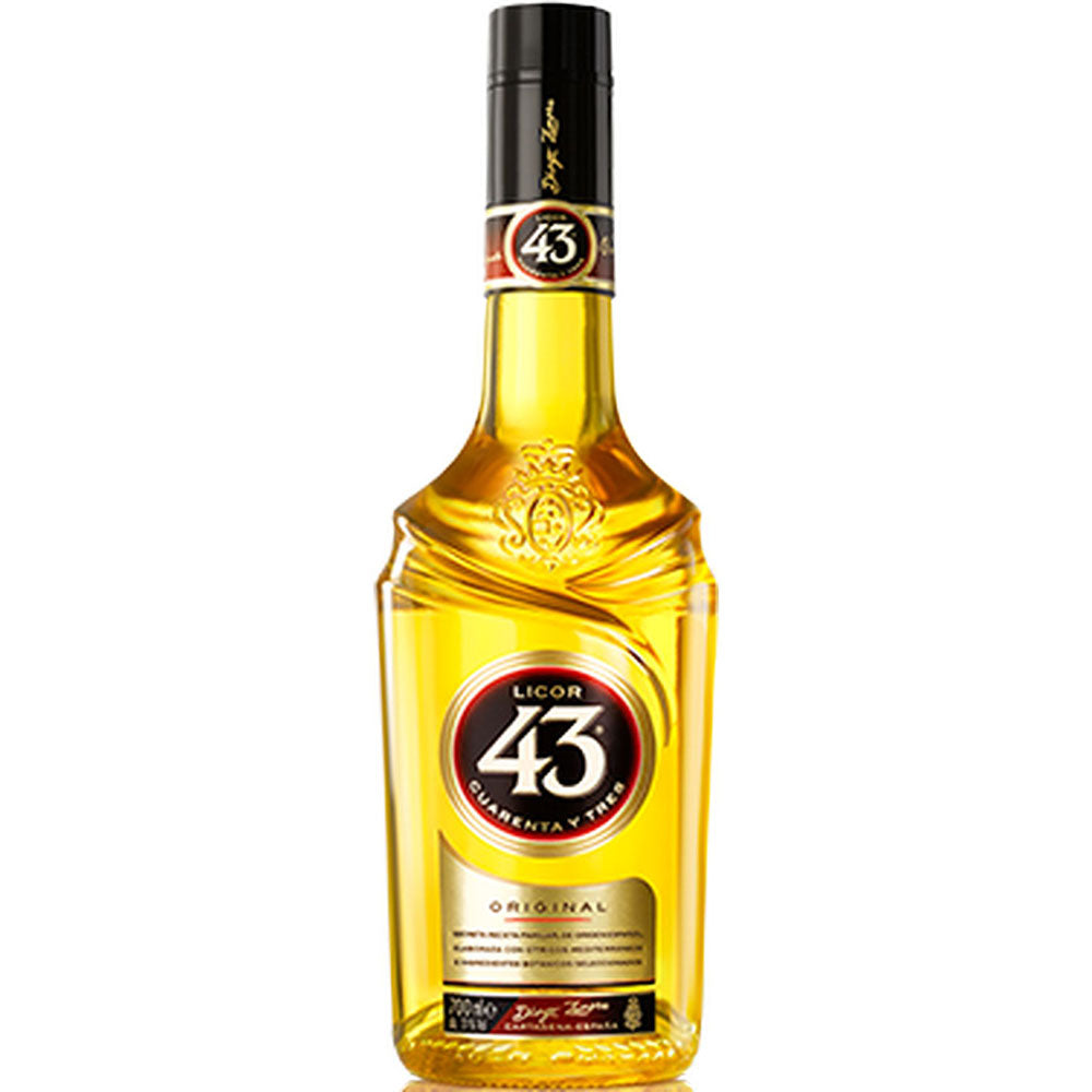 Flasche Licor 43 Cuarenta y tres 31% 0,7 Liter, ein goldener spanischer Likör der Marke Licor 43 mit schwarzem Verschluss und rot-goldenem und schwarzem Etikett.
