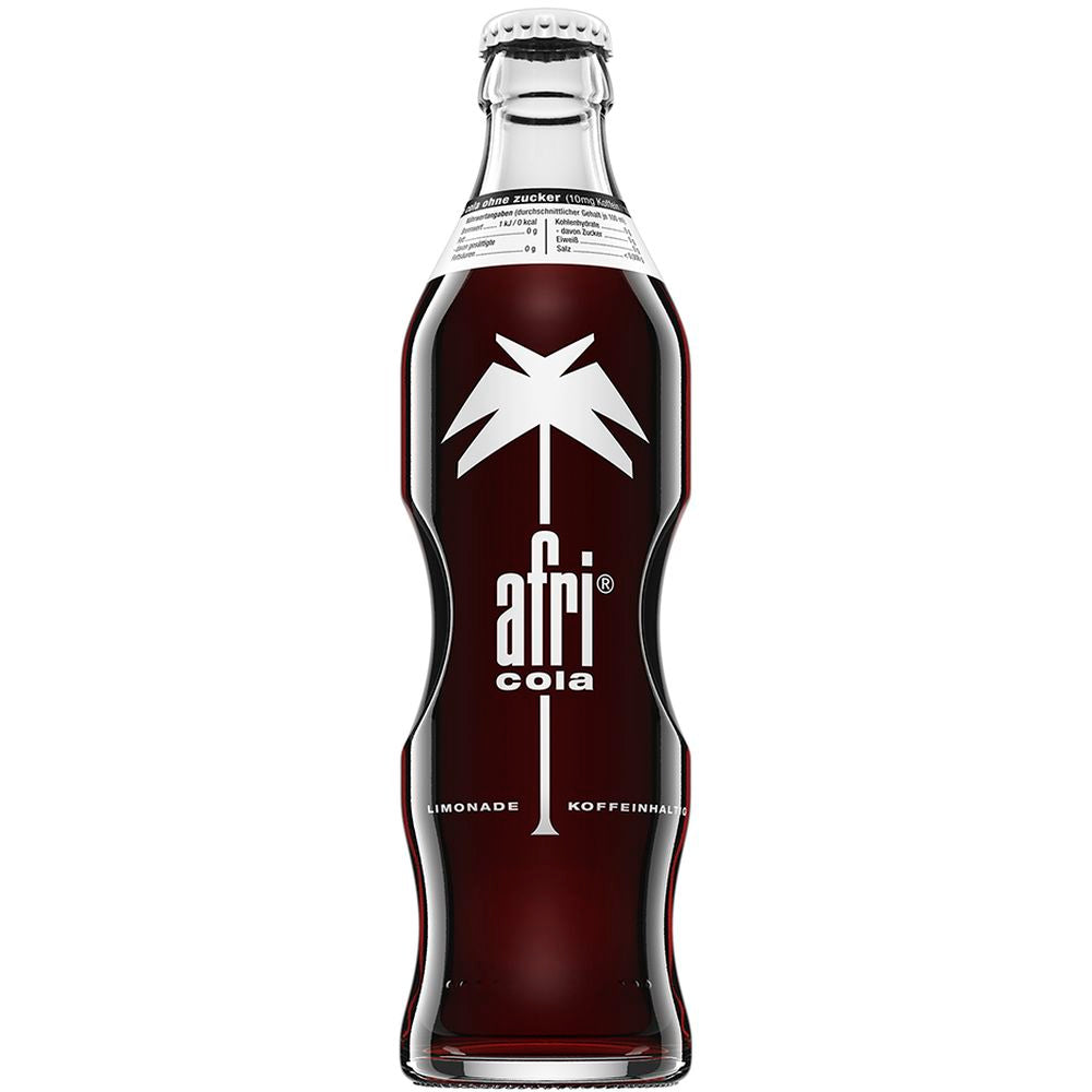 Afri Cola ohne Zucker 24x 0,33L (MEHRWEG): Glasflasche mit weißem Palmenlogo und geschwungenem Design, enthält zuckerfreie, dunkle Koffeinhaltige Limonade von Afri Cola.