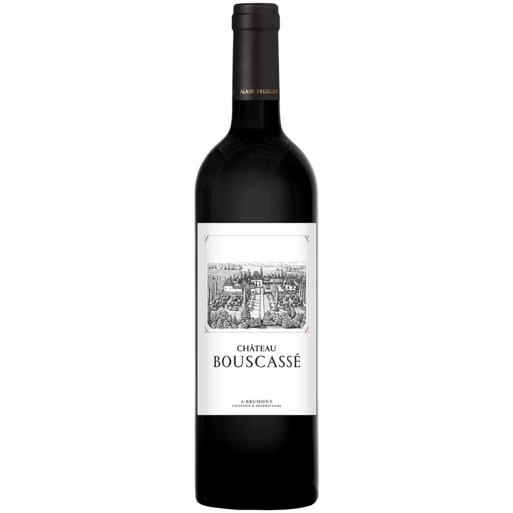 Eine Flasche Alain Brumont Château Bouscassé Madiran AOC 2019 Rotwein, die sich durch ihr weißes Etikett mit einer schwarz-weißen Weinbergillustration auszeichnet, verkörpert den einzigartigen Charakter der Tannat-Traube.