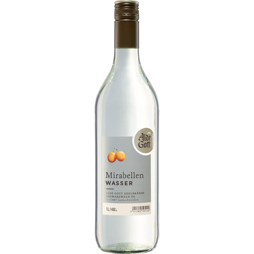 Alde Gott Mirabellenwasser 40% 1 Liter von Alde Gott Edelbrände Schwarzwald kommt in einer Klarglasflasche mit silbernem Verschluss und einem Etikett mit zwei gelben Mirabellen.