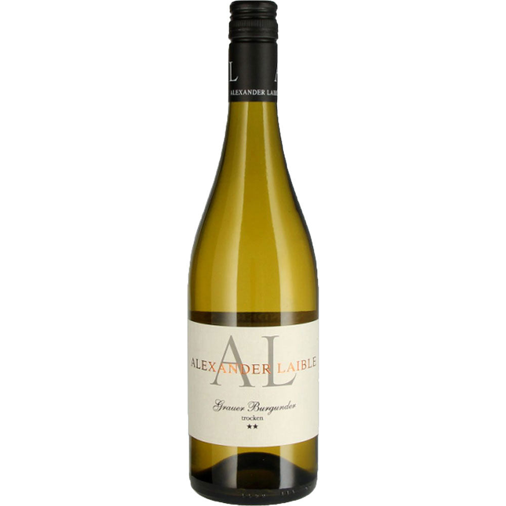 Eine Flasche Alexander Laible Grauer Burgunder 2* trocken 2025 Weißwein mit einem weißen Etikett.