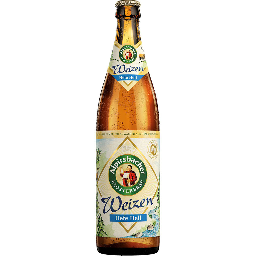 Eine Flasche Alpirsbacher Klosterbräu Weizen Hefe Hell (20 x 0,5L Mehrweg) mit blau-weißem Etikett, das den klassischen Hefe Hell Stil repräsentiert.