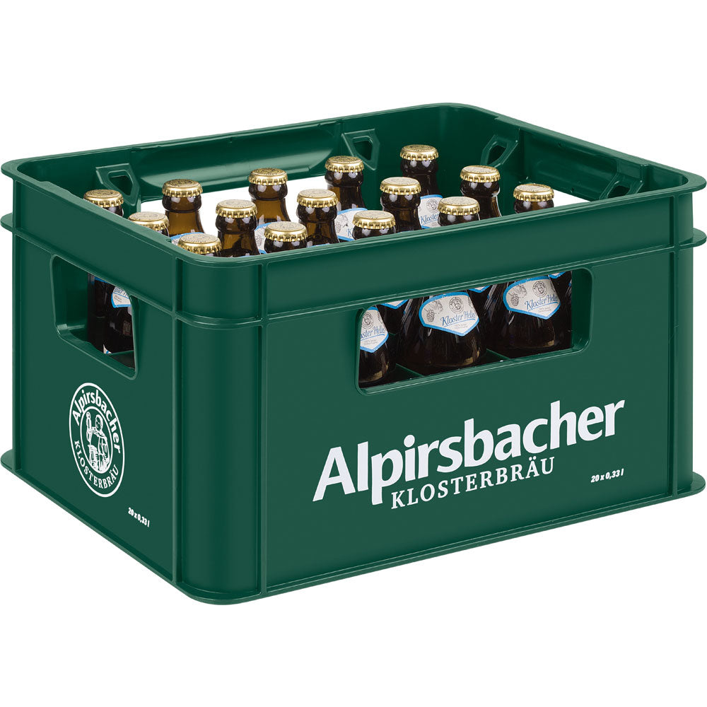 Ein grüner Kasten Alpirsbacher Klosterbräu mit 20 Flaschen Alpirsbacher Kloster Helles (MEHRWEG) zu je 0,33 l präsentiert ein authentisches Schwarzwälder Bier.