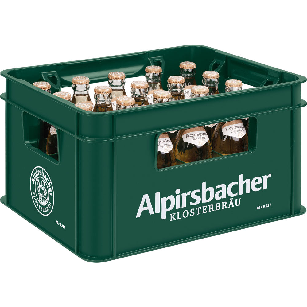 Ein grüner Kasten mit Alpirsbacher Klosterbräu Bierflaschen passt perfekt zu KlosterGarten Saftschorle Birne-Ingwer 20x 0,33L (MEHRWEG) der gleichen Marke.