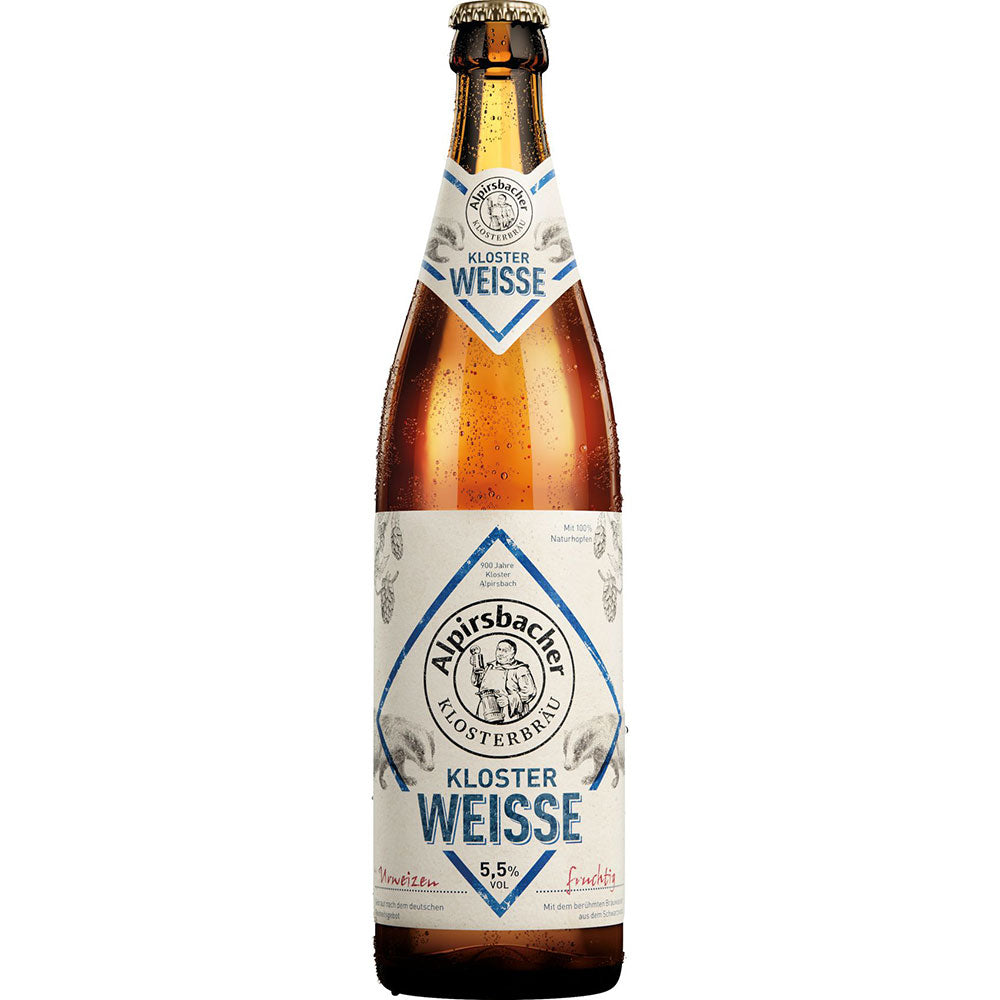 Eine gekühlte Flasche Alpirsbacher Klosterweiße 20x 0,5 Liter (MEHRWEG) von Alpirsbacher Klosterbräu mit dem kultigen weiß-blauen Etikett verspricht eine erfrischende Klosterbierspezialität.