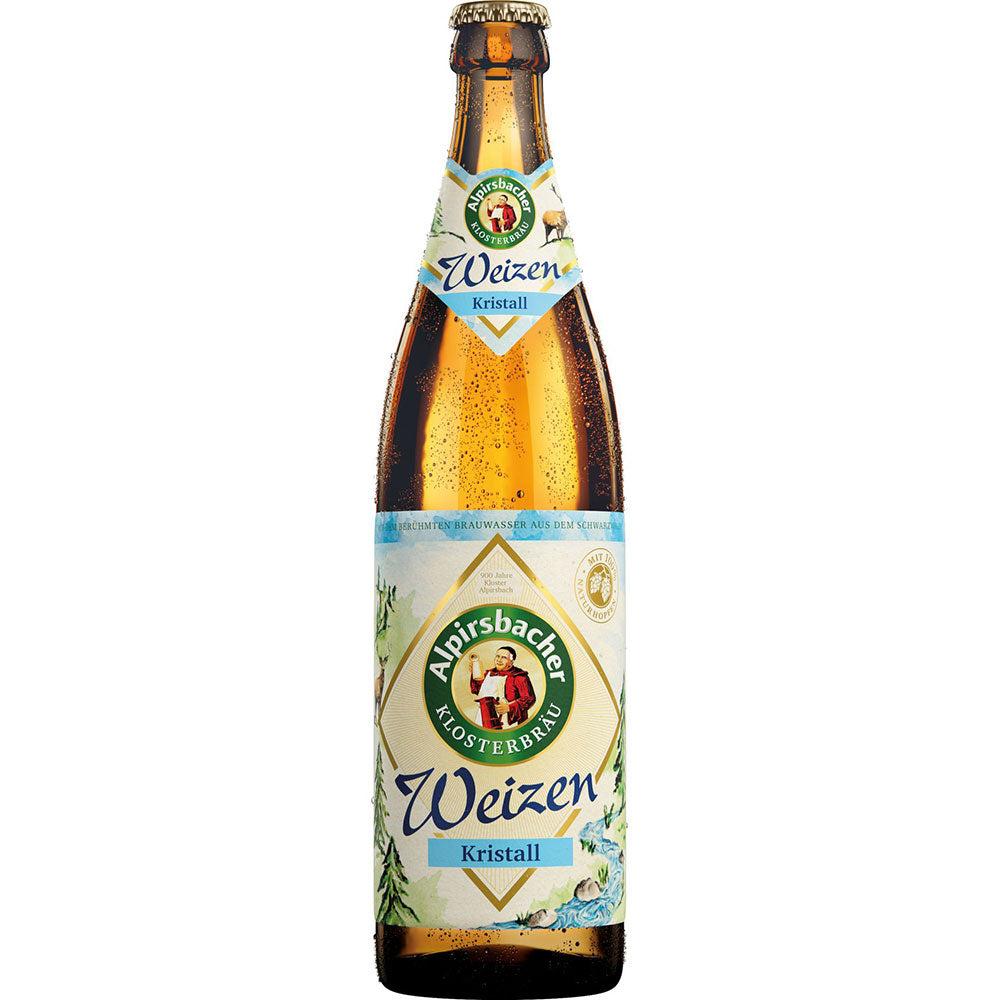 Eine 0,5-Liter-Flasche Alpirsbacher Klosterbräu Kristall aus dem 20er-Pack (MEHRWEG) mit blau-weißem Etikett, das die erfrischende Klarheit dieses traditionellen Kristallweizens unterstreicht.