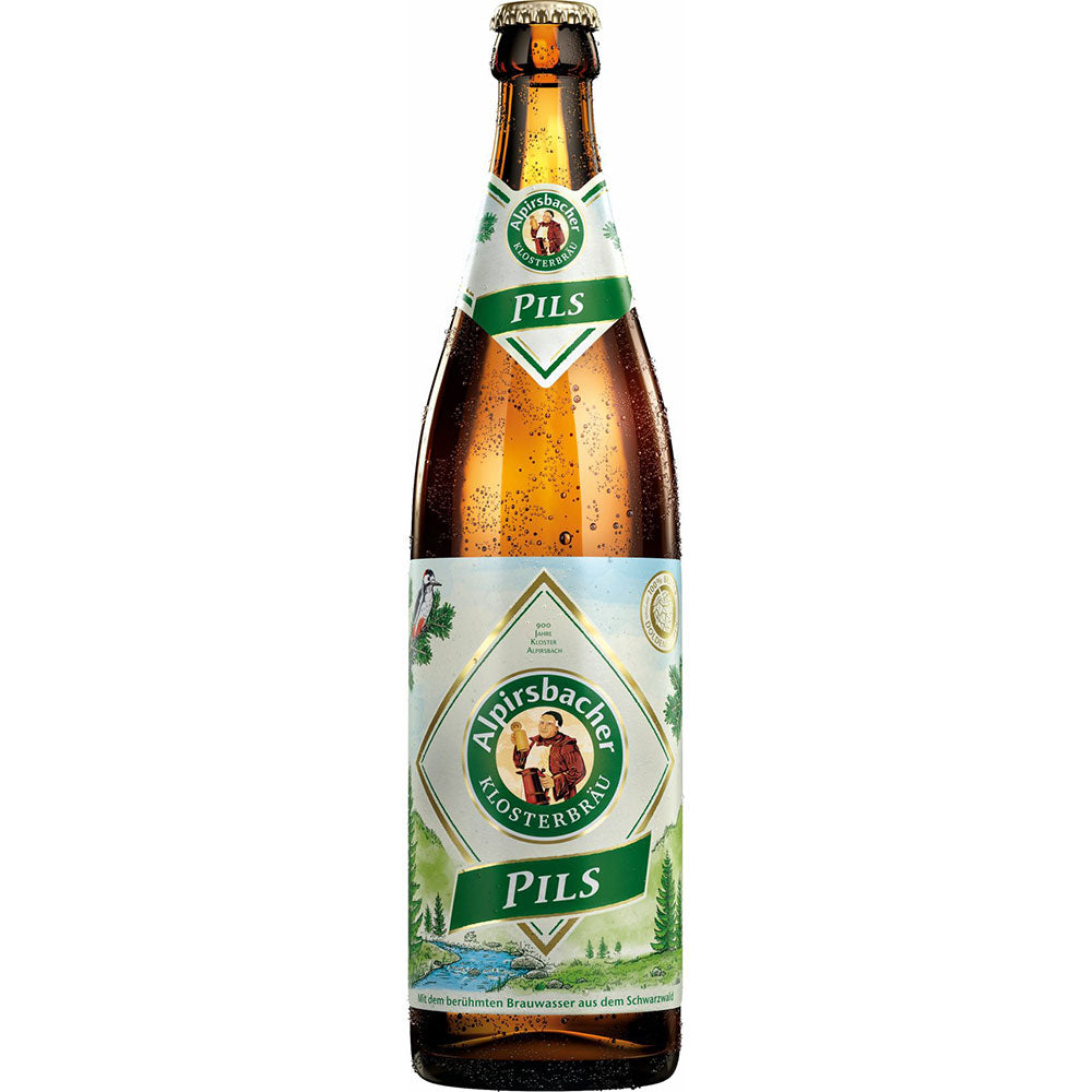 Eine braune Flasche Alpirsbacher Klosterbräu Pils 20x 0,5L (MEHRWEG) mit grün-weißem Etikett, gebraut nach Schwarzwälder Biertradition mit reichlich Klosterbrautradition.