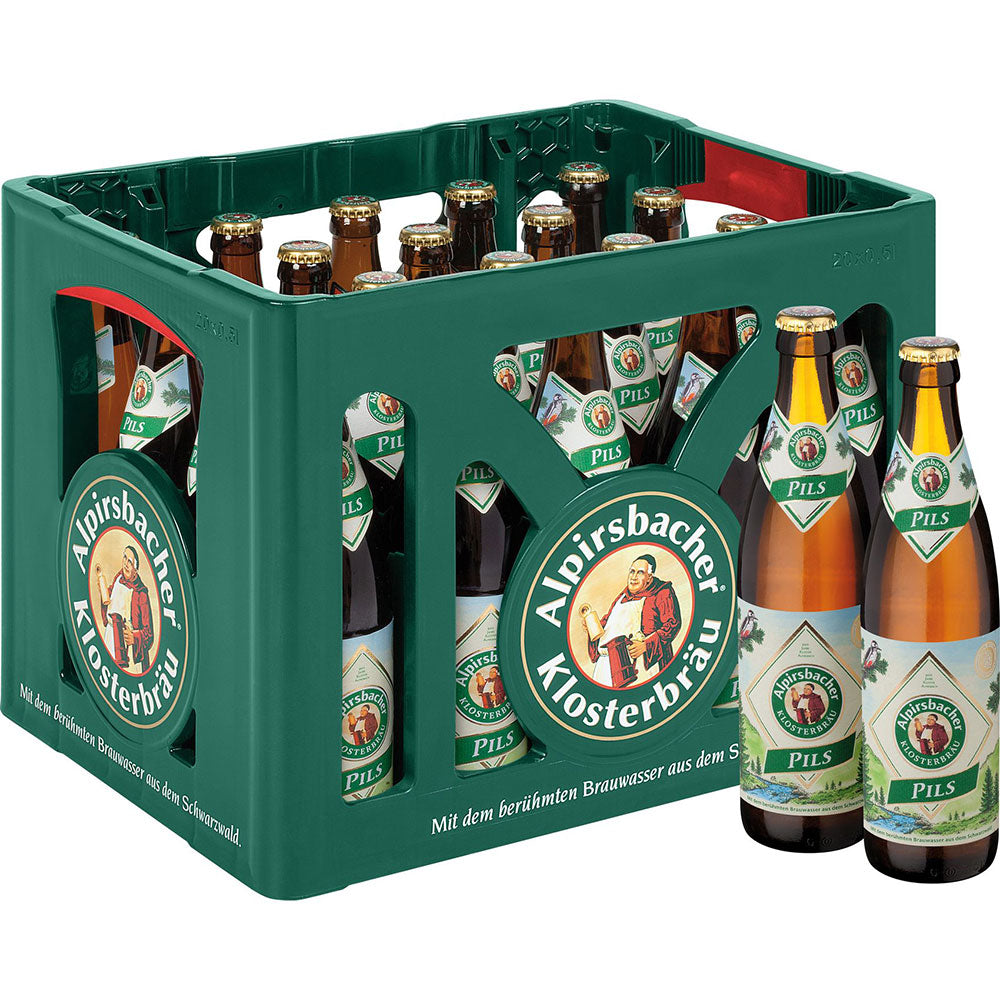 Grüner Kasten Alpirsbacher Klosterbräu Pils 20x0,5L (MEHRWEG), vorne zwei Flaschen, die die Tradition der Brauerei und den vollen Geschmack des Schwarzwälder Biers präsentieren.