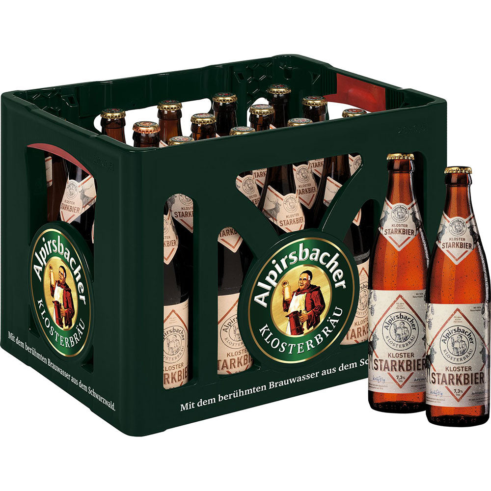 Ein Kasten Alpirsbacher Klosterbräu Alpirsbacher Kloster Starkbier 20x 0,5L (MEHRWEG) Flaschen, mit zwei Flaschen Starkbier davor.
