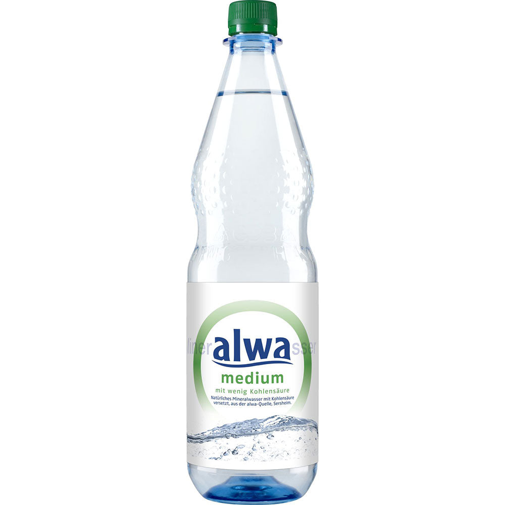 Klare Kunststoffflasche alwa Mineralwasser Medium PET 12x1L (MEHRWEG) mit grünem Deckel und blauem Etikett, bekannt für seinen hohen Calciumgehalt.
