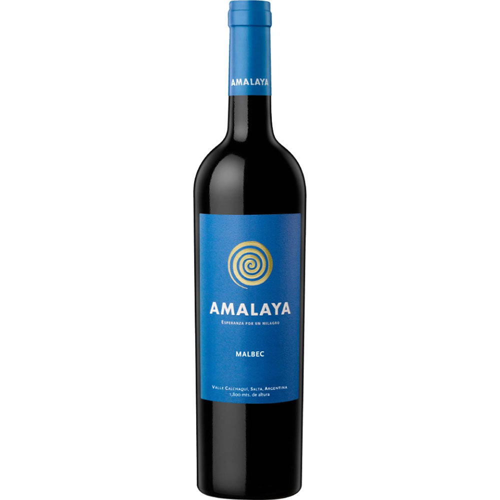 Eine Flasche Amalaya Tinto Valle Calchaqui Salta 2023 von Amalaya, ein argentinischer Rotwein mit blauem Etikett und Verschluss, dargestellt auf weißem Hintergrund.