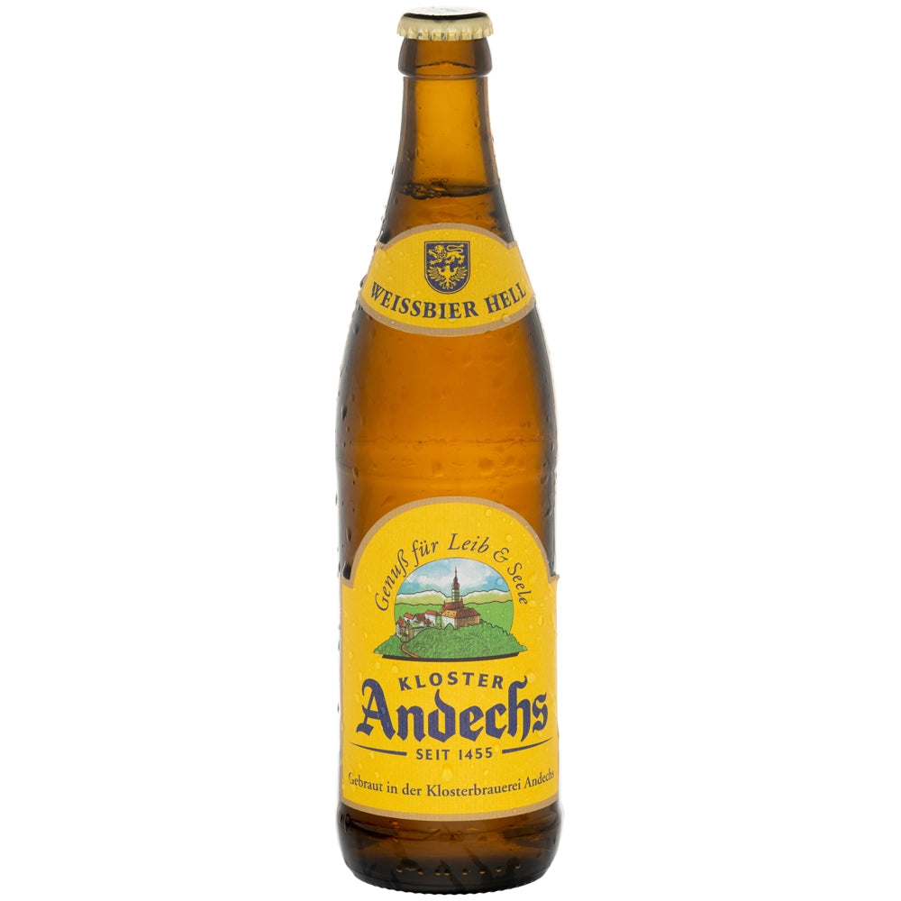 Eine braune Flasche „Andechser Weißbier Hell“ 20 x 0,5 Liter (MEHRWEG) aus dem Kloster Andechs, die sich durch ihr gelbes Etikett mit einer Abbildung des Klosters auszeichnet, ist ein Paradebeispiel für dieses klassische bayerische Hefeweizen.