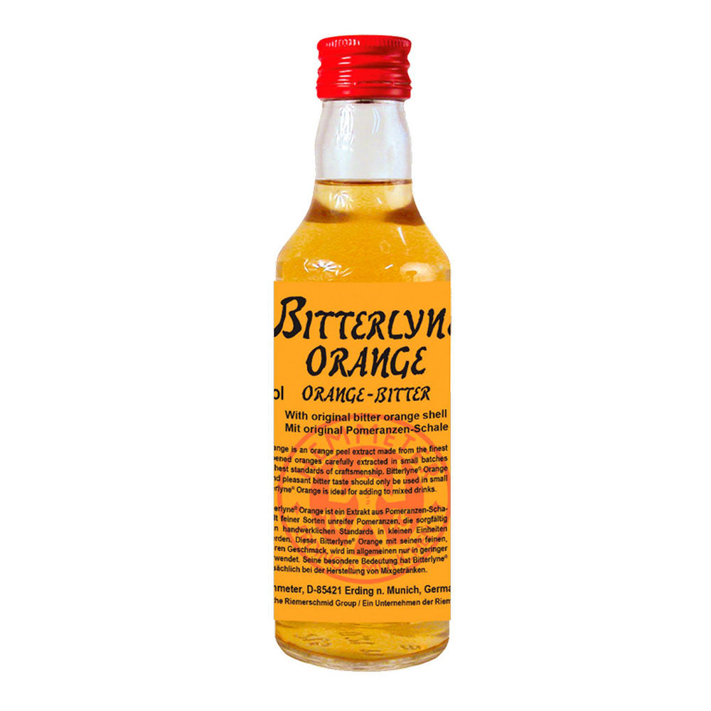 Eine kleine 0,2-Liter-Flasche Hemmeter Angostura Bitterlyne Orange Bitter (40%) mit leuchtend orangefarbener Flüssigkeit und rotem Verschluss - ideal, um Pomeranzen-Noten hinzuzufügen oder Ihre Lieblings-Cocktail-Bitter-Rezepte zu verfeinern.