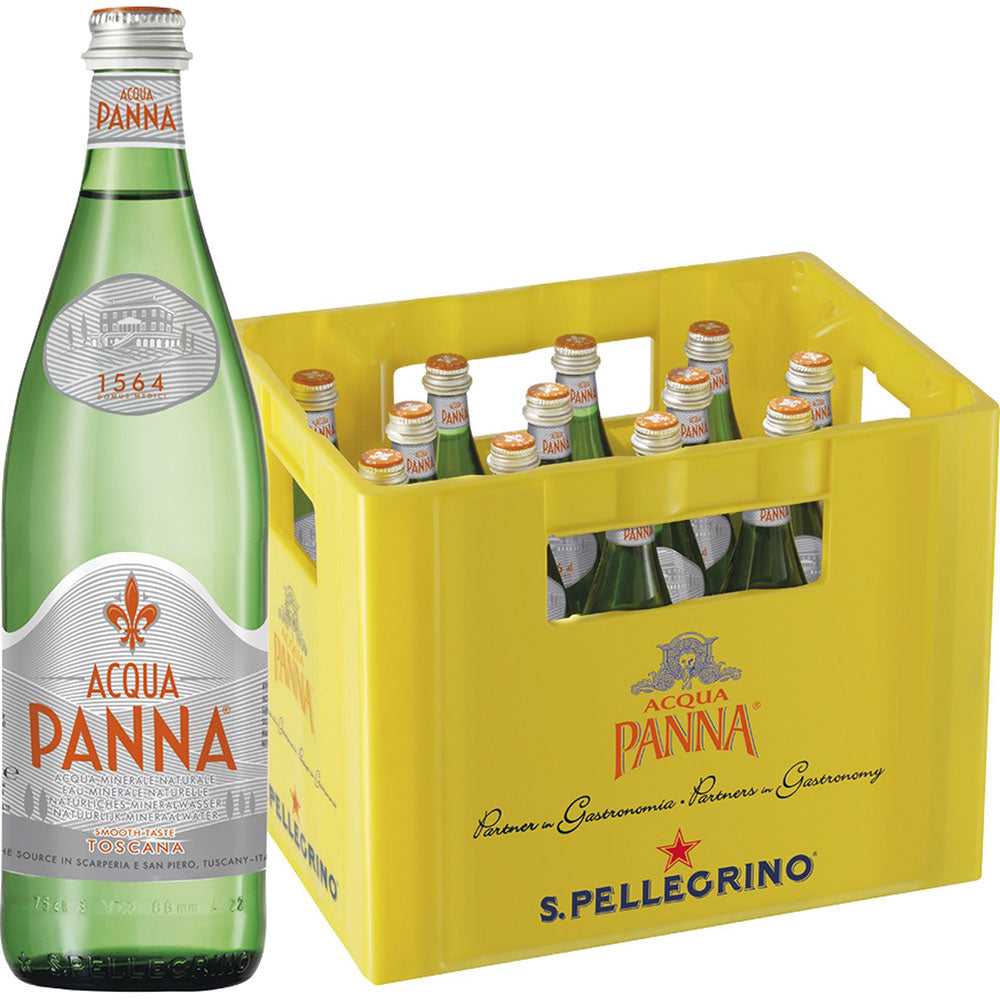 Eine gelbe Kiste mit Acqua Panna Aqua Panna Still 16x 0,75 Liter (MEHRWEG) Glasflaschen mit einer Flasche außerhalb der Kiste ausgestellt.