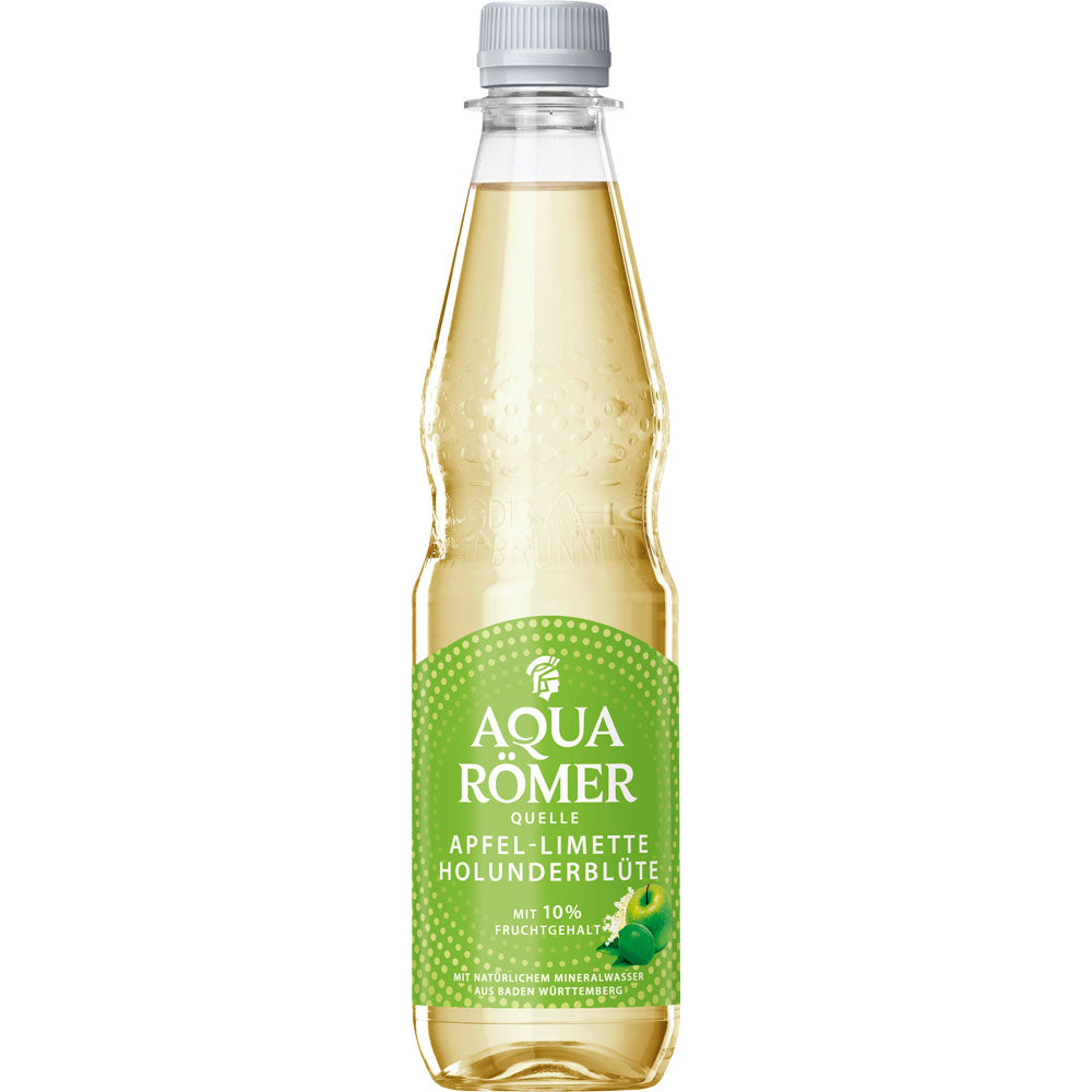 Klare PET-Flasche von Aqua Römer Quelle Apfel-Limette-Holunderblüte (12x0,5L MEHRWEG), ein fruchtiges Getränk mit wenig Kohlensäure und einem grünen Etikett. Marke: Aqua Römer.