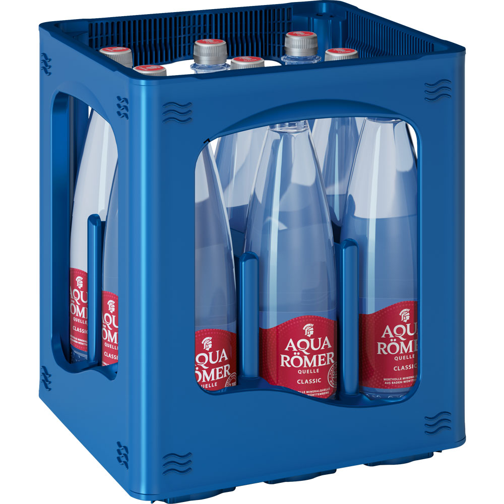 Eine blaue Kiste enthält neun Flaschen Aqua Römer Classic PET 1L (MEHRWEG), ein Mineralwasser von Aqua Römer.