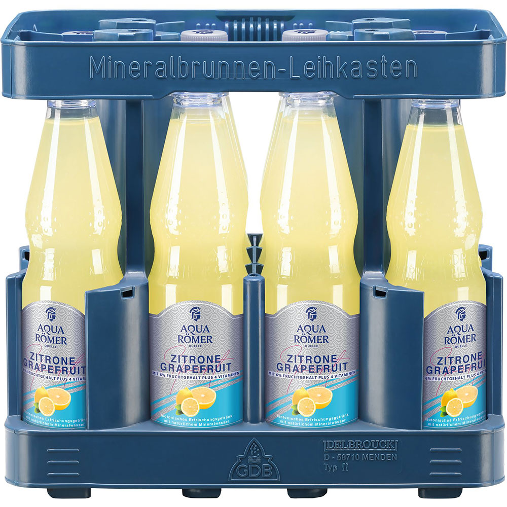 Vier Flaschen Aqua Römer ISO-SPORT Zitrone-Grapefruit (MEHRWEG, 0,5 l PET) in einer blauen Tragetasche.
