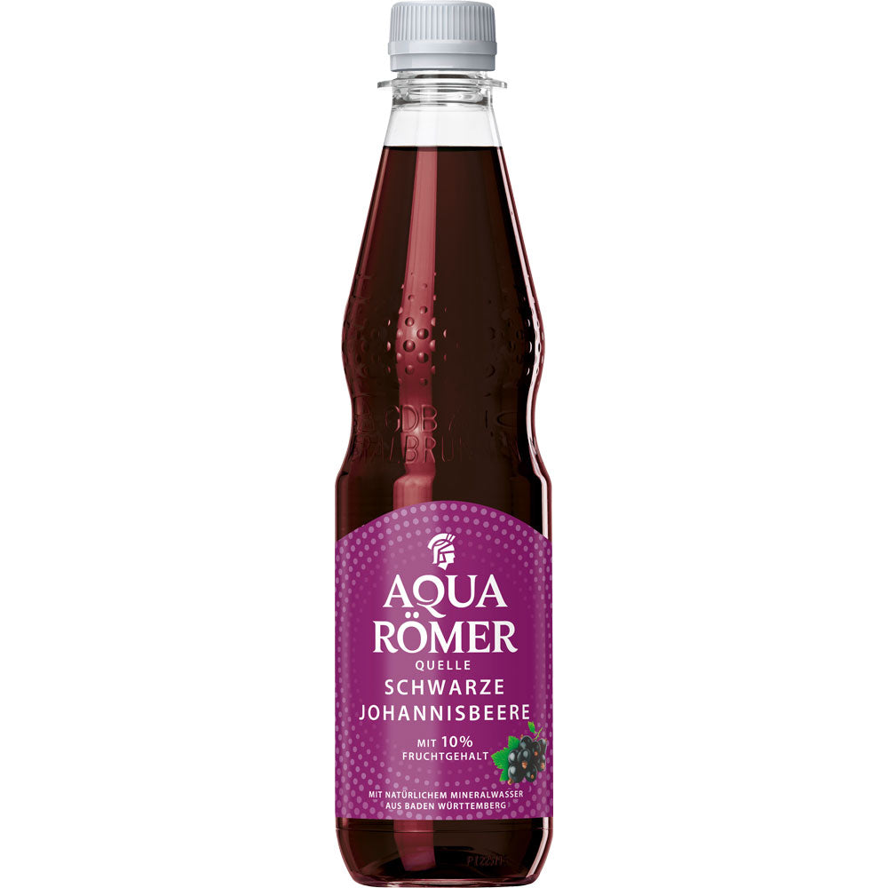 Aqua Römer Quelle Schwarze Johannisbeere PET 0,5L, im 12er Mehrweg-Kasten - erfrischendes Mineralwasser mit beerigem Geschmack und violettem Etikett mit Fruchtmotiven.