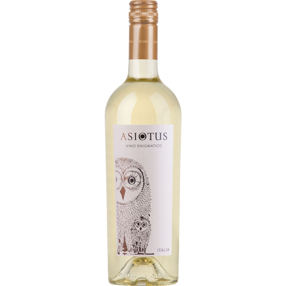 Eine Flasche Asio Otus Bianco Vino Varietale D'Italia Weißwein von Asio Otus, mit einer Eule auf dem Etikett - eine köstliche italienische Mischung aus Chardonnay und Sauvignon Blanc.