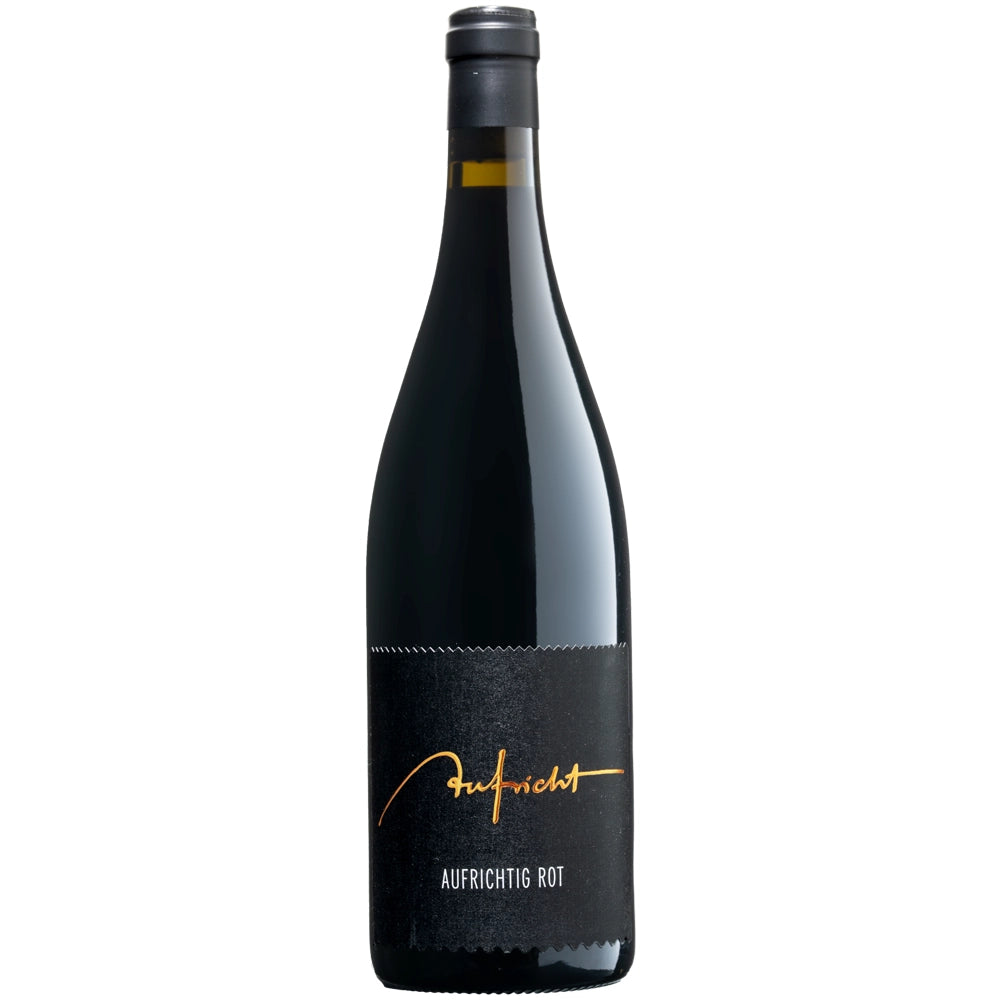 Eine elegante, dunkle Weinflasche vom Weingut Aufricht mit einem schwarzen Etikett, auf dem „Aufrichtig“ und „Aufrichtig Rot“ in gold-weißer Schrift prangen. Die Aufricht Aufrichtig Rot Rotwein-Cuvée 2024 vereint auf kunstvolle Weise Spätburgunder und Cabernet Noir und verkörpert mit jedem Schluck die Essenz raffinierter Handwerkskunst.