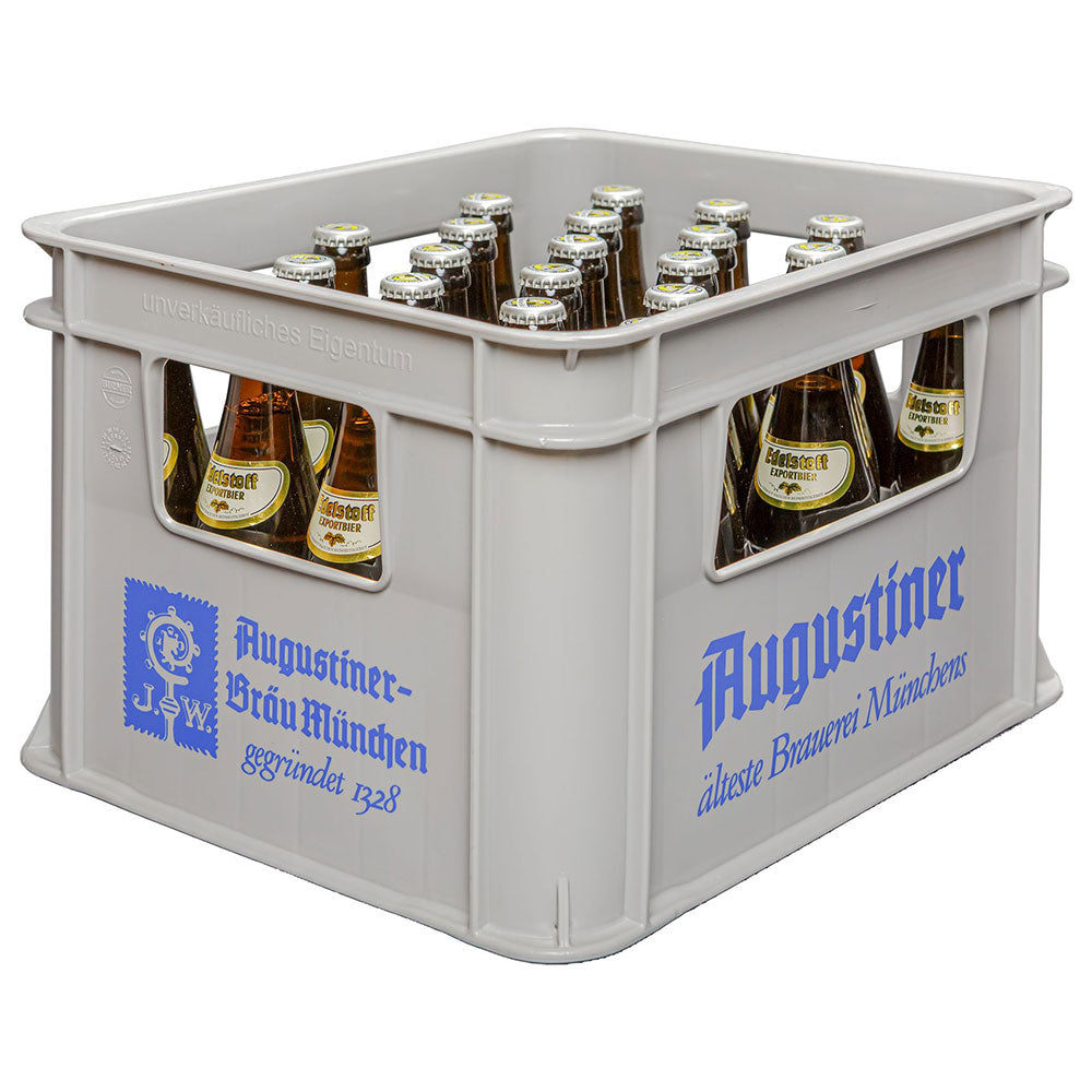 Eine graue Kiste mit blauer Aufschrift enthält 24 Flaschen (je 0,33 l) Augustiner Edelstoff von Augustiner Bräu - ein kultiges Münchner Exportbier und klassisches bayerisches Bier (Mehrweg).