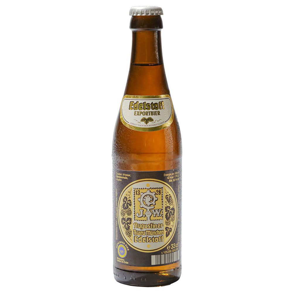 Eine braune Flasche Augustiner Bräu Edelstoff 24x 0,33 Liter (MEHRWEG) mit goldenen und weißen Etiketten auf weißem Hintergrund.