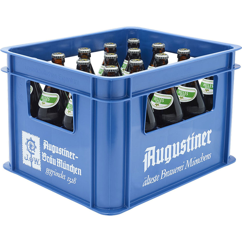 Augustiner Bräu Kiste mit 20x 0,5L Flaschen Lagerbier Hell (MEHRWEG), mit dem Namen und Logo der Brauerei - ein klassisches Münchner Helles und authentisches bayerisches Bier.