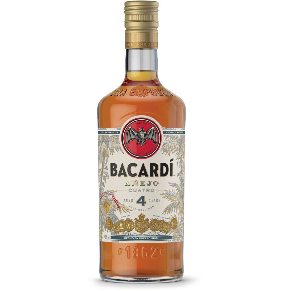 Bacardí 4 Jahre Añejo Cuatro Rum (40%, 0,7L) - karibischer Rum mit goldener Kapsel und dekorativem Etikett, 4 Jahre gereift - ideal für Liebhaber feiner Gold Rums.