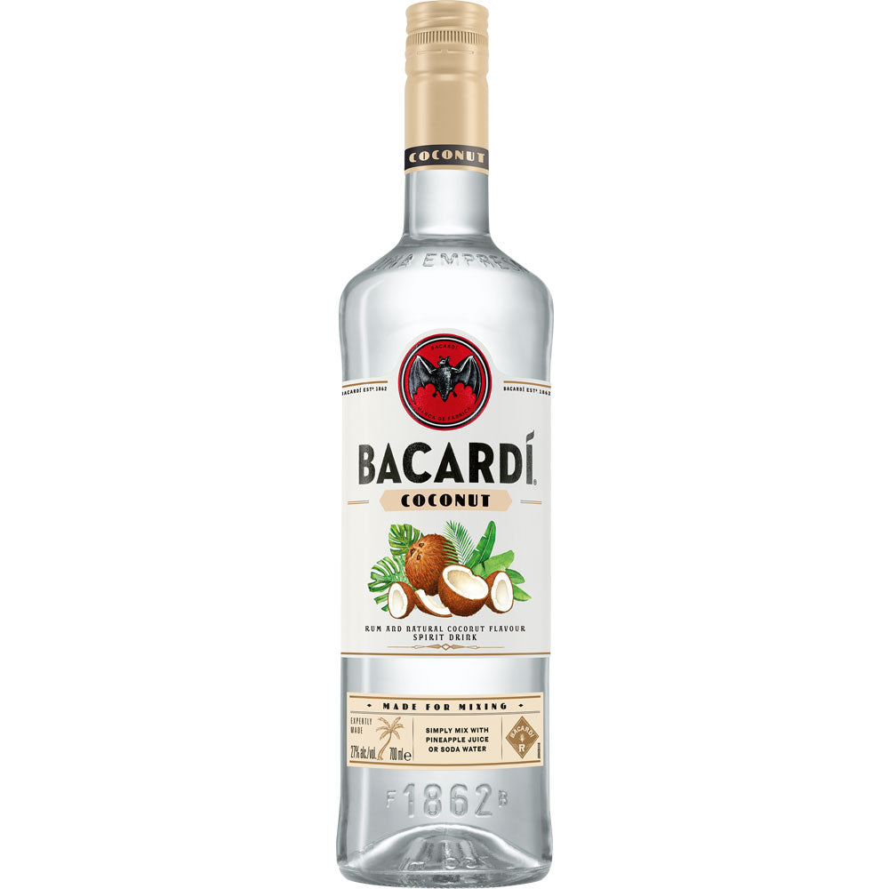 Bacardí Coconut Rum 32% Vol., 0,7 Liter - ideal für tropische Cocktails, mit Kokosnuss-Illustration auf dem Etikett.