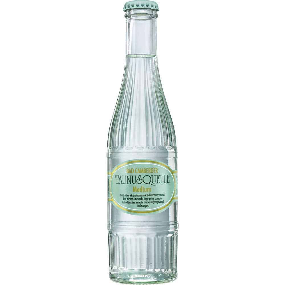 Eine Klarglasflasche Taunusquelle Bad Camberger Taunusquelle Medium Mineralwasser (20x 0,25L Mehrweg) mit einem grünen und gelben Etikett.