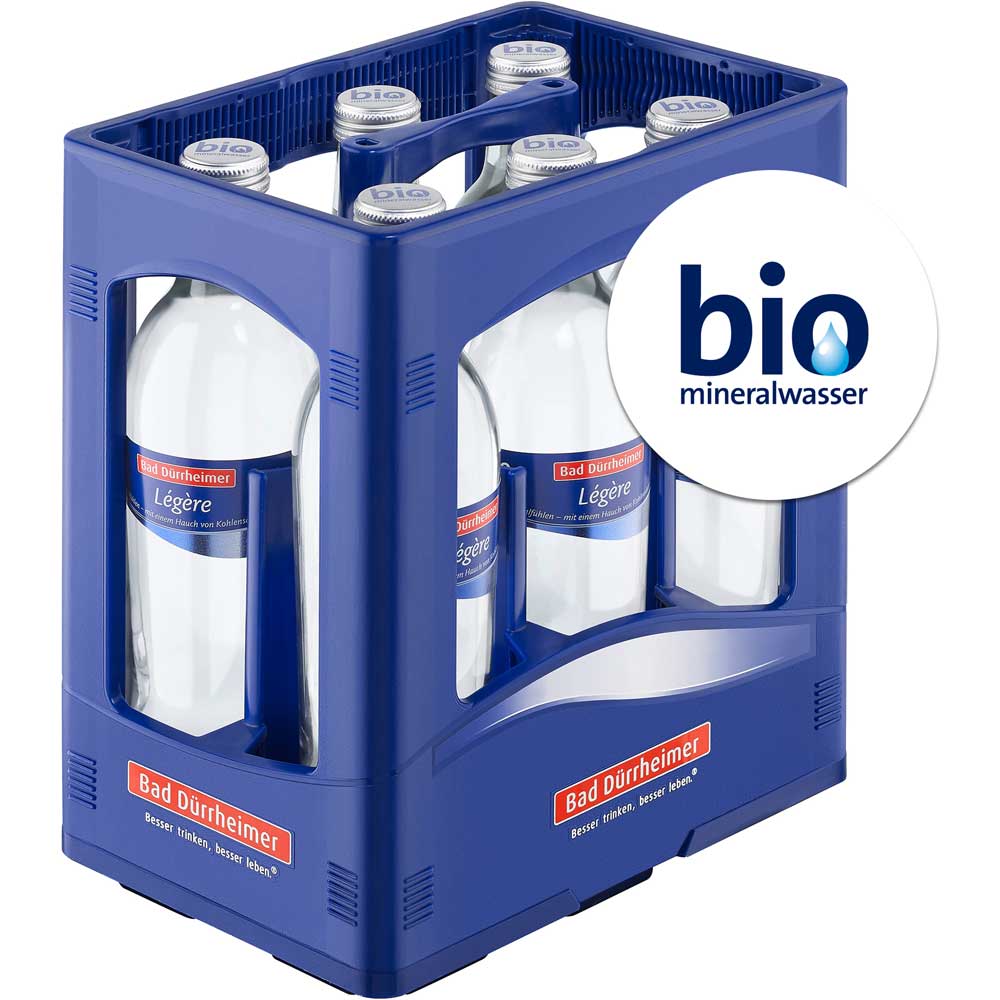 Blaue Kiste mit sechs 1L-Flaschen Bad Dürrheimer Mineralwasser Légère (MEHRWEG), mit Bio-Mineralwasser-Etikett und milder Kohlensäure.