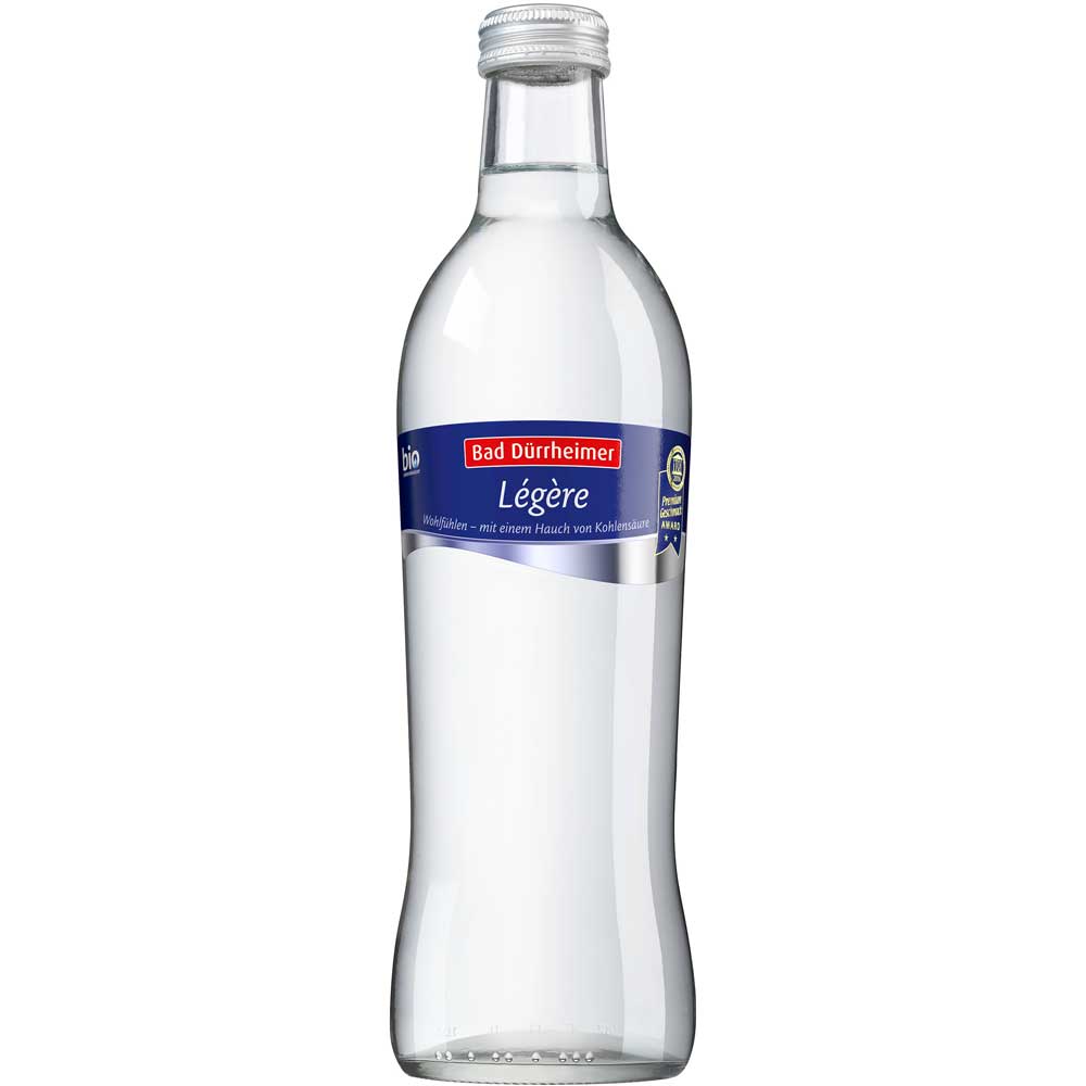 Bad Dürrheimer Mineralwasser Légère 6x1L (MEHRWEG) in der Klarglasflasche mit blau-rot-weißem Etikett bietet milde Kohlensäure für einen erfrischenden Geschmack.
