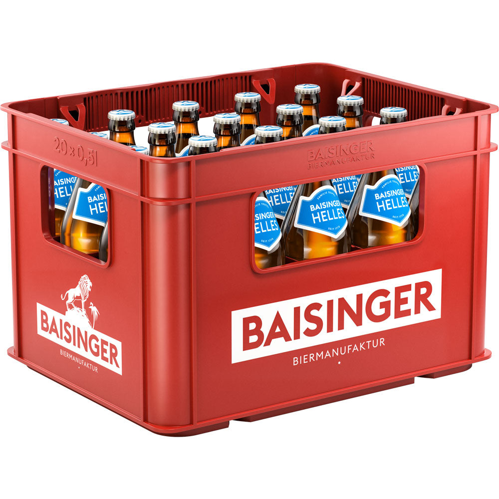 Eine rote Kiste Baisinger Helles 20x 0,5 Liter (MEHRWEG) präsentiert klassisches untergäriges Vollbier von Baisinger - authentische schwäbische Brautradition, mit der Aufschrift BAISINGER BIERMANUFAKTUR auf der Seite.