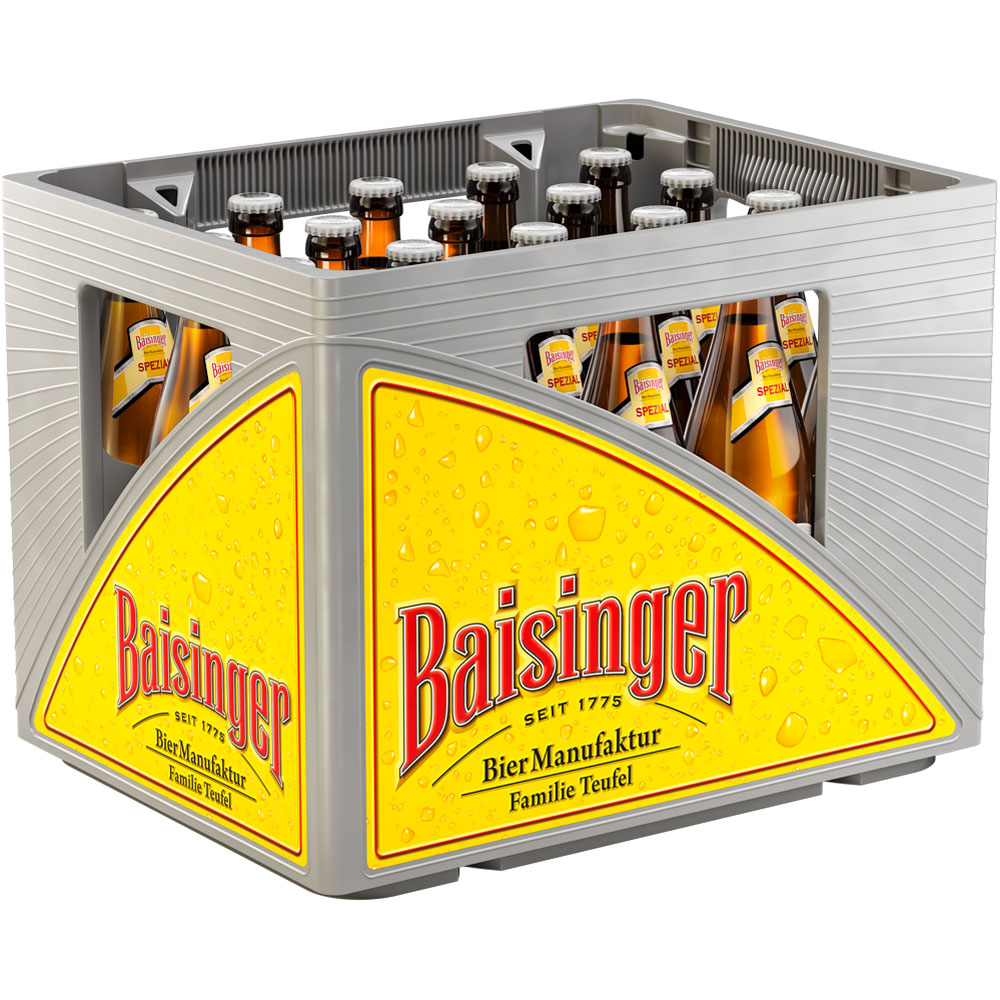 Graue Kiste gefüllt mit Baisinger Spezial 20x 0,5 Liter (MEHRWEG) Glasflaschen mit der Marke Baisinger und gelben Etiketten, die die schwäbische Brautradition hervorheben.