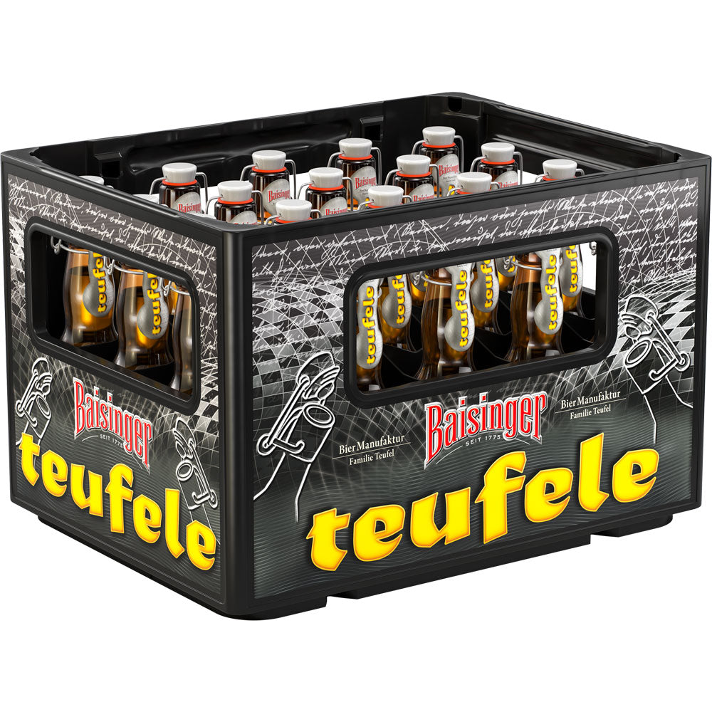 Eine Kiste Baisinger Teufele Bügel 20x0,33L (MEHRWEG) Bierflaschen mit gelbem und rotem Branding auf einem schwarzen Behälter der Marke Baisinger, gebraut auf der Schwäbischen Alb.