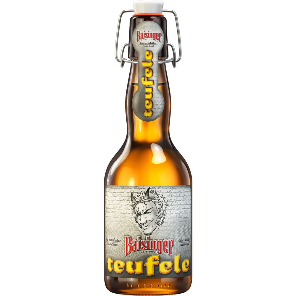 Ein 0,33l Baisinger Teufele Helles Vollbier in der Braunglas-Kippflasche mit illustriertem Etikett, erhältlich im 20er-Pack (Mehrweg), gebraut von Baisinger auf der Schwäbischen Alb.