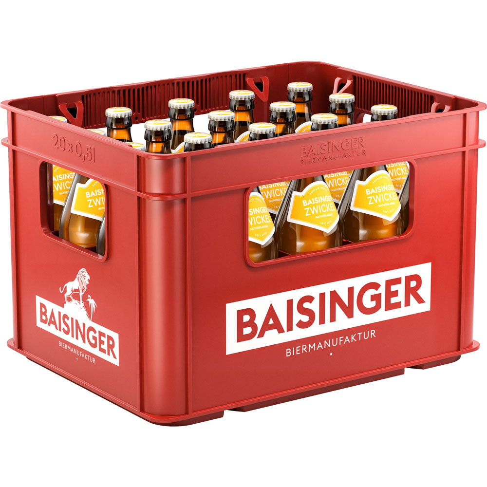 Roter Kasten mit der Aufschrift BAISINGER in fetten weißen Lettern, gefüllt mit 20x 0,5L Flaschen Baisinger Zwickel (MEHRWEG) - ein naturtrüber Klassiker von Baisinger für Freunde des authentischen Naturtrüb-Biergeschmacks.