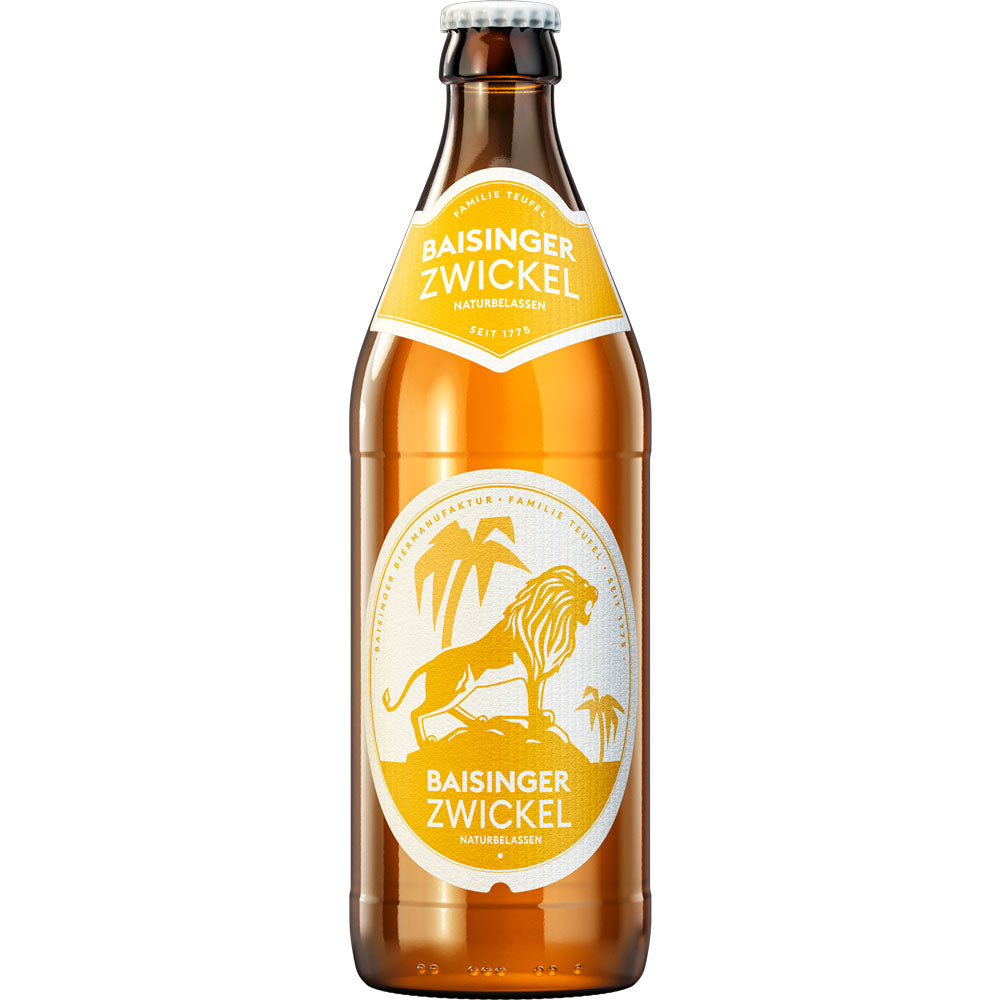 Baisinger Zwickel 20x 0,5L (MEHRWEG) von Baisinger kommt in Braunglasflaschen mit Löwenlogo und gelb-weißem Etikett. Dieses naturtrübe Kellerbier liefert einen authentischen, unfiltrierten Geschmack getreu der Tradition.