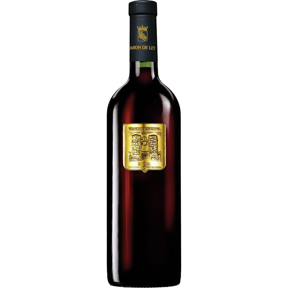Eine dunkle Weinflasche mit goldenem Etikett und schwarz-goldenem Verschluss, die die Aufschrift Barón de Ley Gran Reserva Viña Imas 2019 trägt und überwiegend aus Tempranillo-Trauben hergestellt wird.