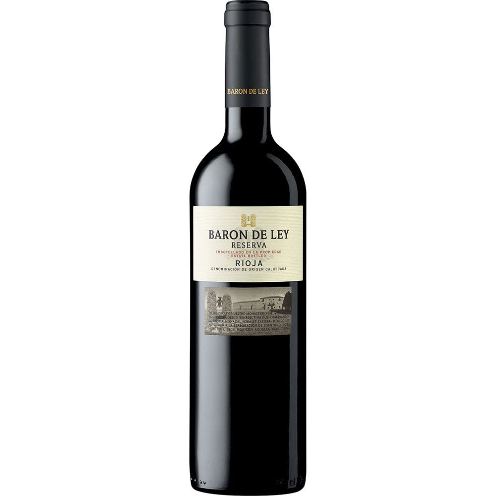 Eine Flasche Barón de Ley Rioja Reserva 2021 aus Spanien mit einem cremefarbenen Etikett und schwarzem Verschluss.