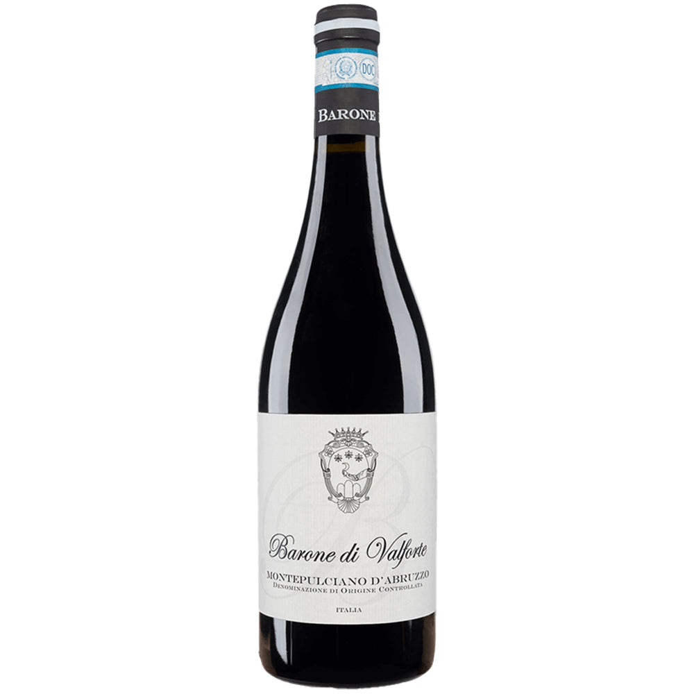 Eine Flasche „Barone di Valforte Colle Sale Montepulciano d’Abruzzo DOC 2023“, ein eleganter italienischer Rotwein mit weißem Etikett.