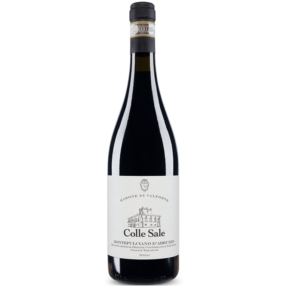 Eine Flasche Barone di Valforte Colle Sale Montepulciano d’Abruzzo DOCG 2025 Rotwein von Barone di Valforte mit weißem Etikett und schwarzem Verschluss.