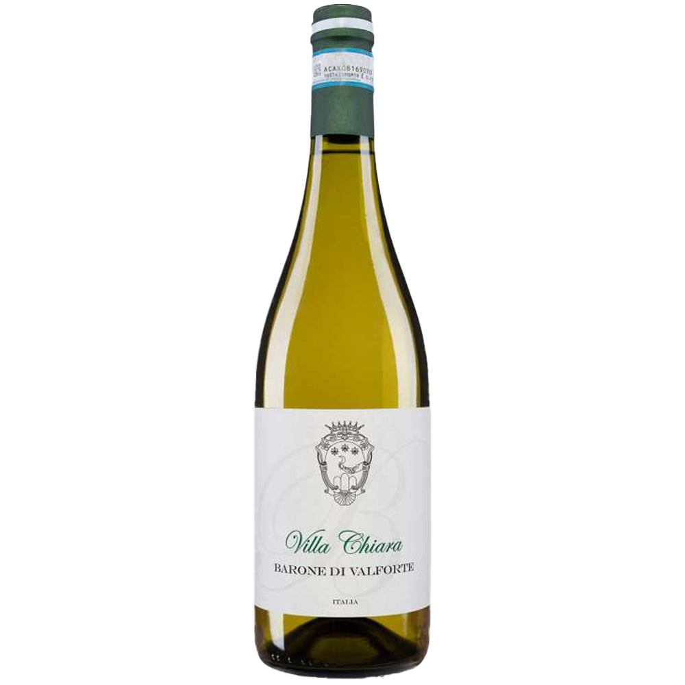 Eine Flasche „Barone di Valforte Villa Chiara Trebbiano d’Abruzzo DOC 2024“, ein italienischer Weißwein von Barone di Valforte mit einem grün-weißen Etikett.