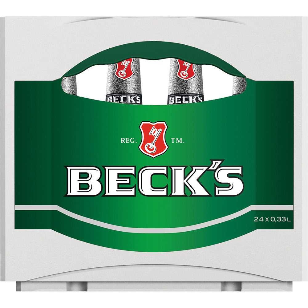 Ein 24er-Pack Beck's Blue Alkoholfrei 0,33L Mehrweg-Flaschen in einem grün-weißen Karton mit Beck's-Logo.